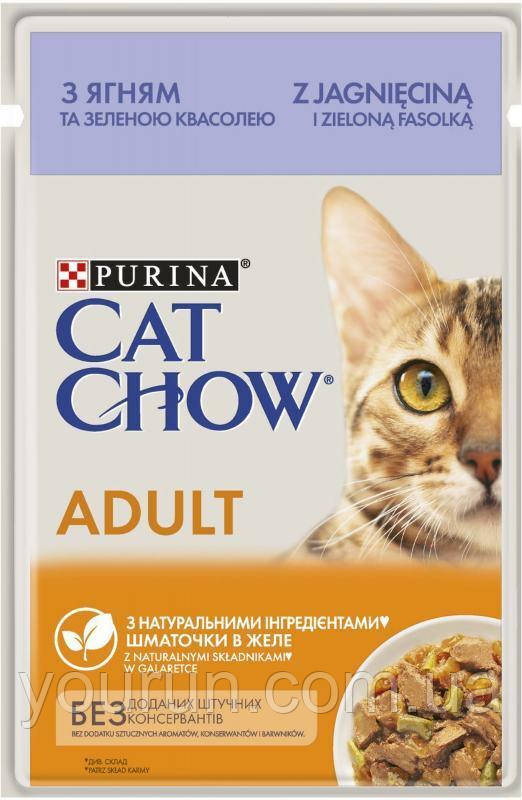 Cat Chow (Кет Чау) Adult Консерви для дорослих кішок з ягнятком та зеленою квасолею в желе, 85г, фото 1