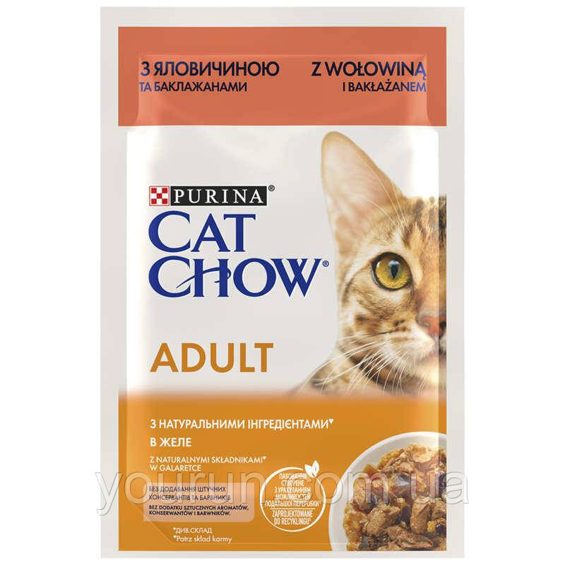Cat Chow (Кет Чау) Adult Консерви для дорослих кішок з яловичиною і баклажанами в желе 85г, фото 1