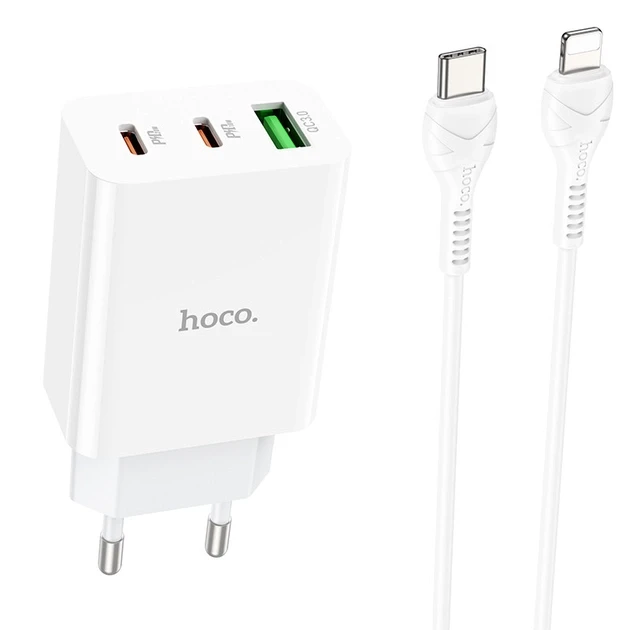 МЗП зарядний пристрій HOCO C99A PD20W QC3.0 1USB/2Type-C/3A з кабелем для заряджання Type-C - Lightning Білий