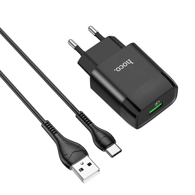 МЗП зарядний пристрій HOCO C72Q QC3.0 1USB/2A з кабелем для заряджання USB - Type-C Чорний