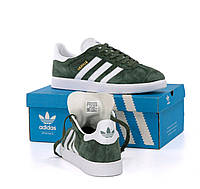 Мужские кроссовки Adidas Gazelle Green White (Зелены с белым) Обувь Адидас Газель замш текстиль Вьетнам