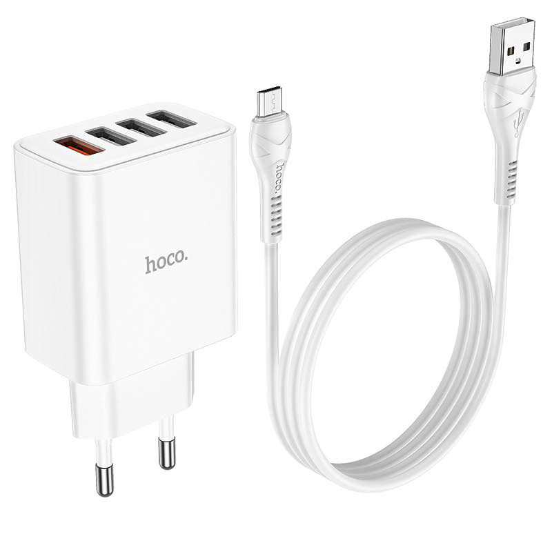 МЗП зарядний пристрій HOCO C102A 4USB/2,1A з кабелем для заряджання USB - MicroUSB, Білий