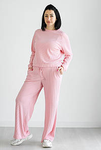 Костюм  жіночий трикотаж рубчик штани палаццо та кофта реглан колір рожевий