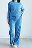 Костюм  жіночий трикотаж рубчик штани палаццо та кофта реглан колір темно блакитний, фото 3