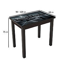 Раскладной стол венге с фотопечатью на кухню Ажур 90-120х60 см со стеклянной столешницей на деревянных ножках