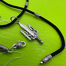 Срібна підвіска Герб України кулон тризуб із шовковим шнурком на шию чорним срібло 925 проба