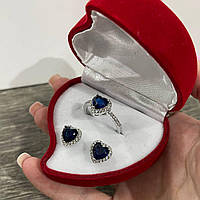 Набор "Сердечки синие сапфиры в серебре серьги и кольцо " - солидный подарок в коробочке девушке
