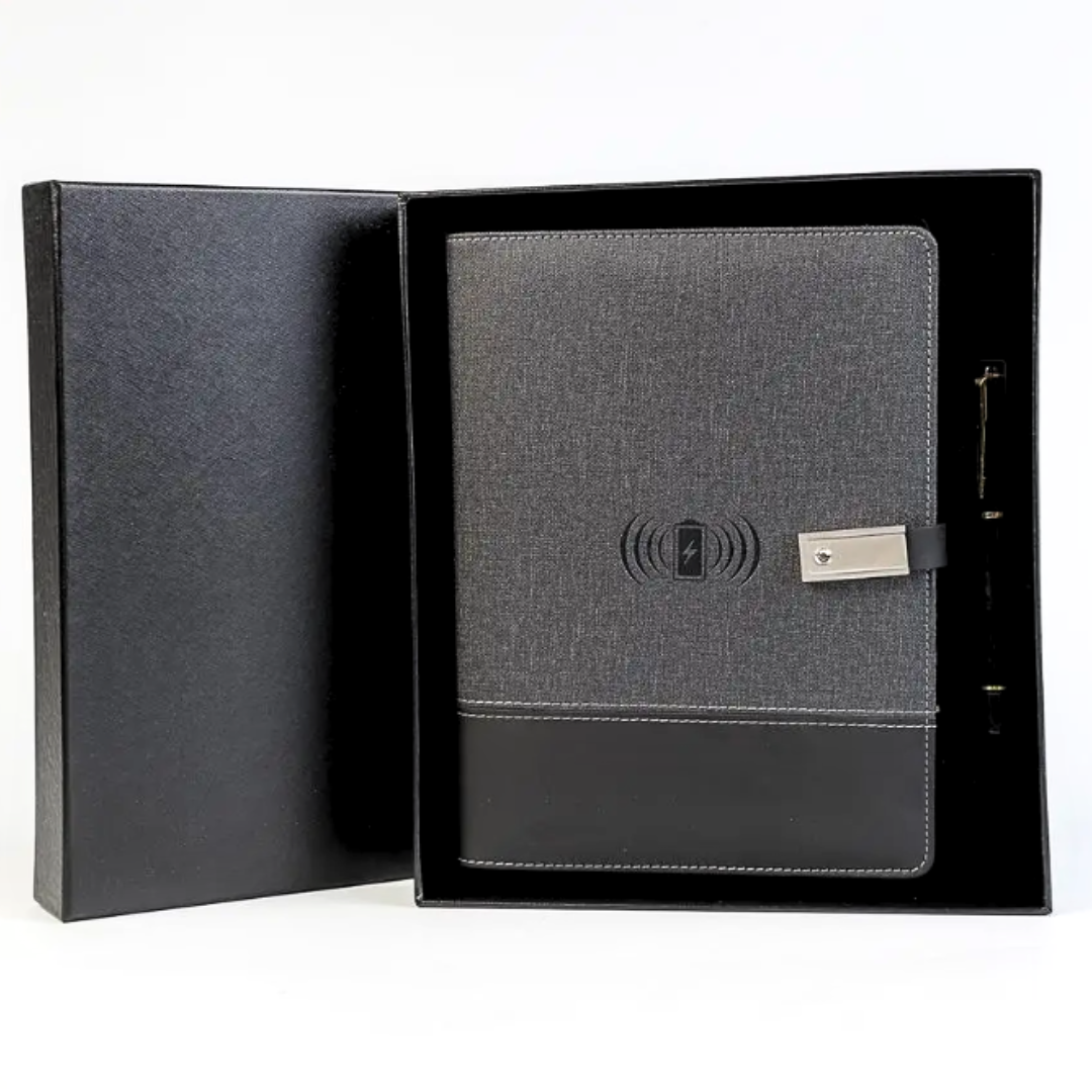 Блокнот, бізнес-щоденник з флешкою 16 Гб і бездротовою зарядкою, Powerbank Чорний