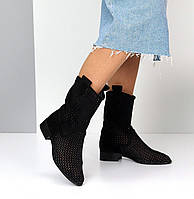 Чоботи жіночі літні дихаючі з перфорацією стильні чорні екозамша