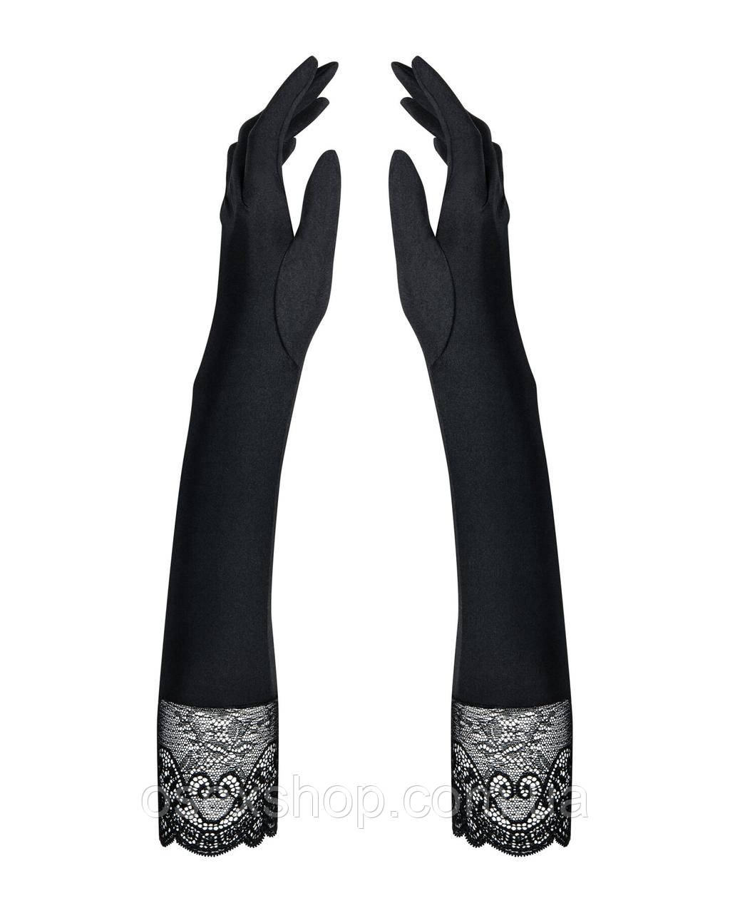 Високі рукавички з камінням і мереживом Obsessive Miamor gloves, black, фото 1