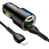 Мощное автомобильное зарядное устройство с кабелем Hoco NZ6 USB Type-C 25W и 20W USB 18W Type C на Lightning