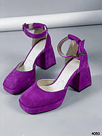 Женские туфли замшевые цвета фуксия на высоком каблуке с квадратным носиком 37