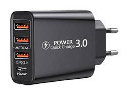 Зарядний пристрій 3 порти USB і Type-C Fast Charge 2.1A блок живлення