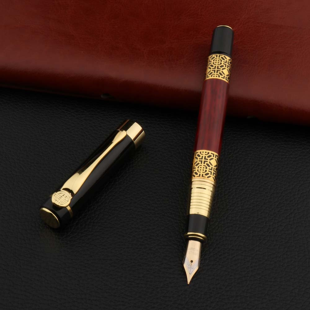 Перова чорнильна ручка "Carving Mahogany Luxury", відкрите перо "Genius Iridium", різь, позолота, метал