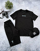 Мужской черный летний спортивный костюм-двойка, легкая футболка с модным принтом и удобные шорты