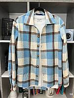 Мужская рубашка в клетку байковая оверсайз (синяя с белым) sh9 классная стильная модная и теплая тренд