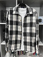 Мужская рубашка в клетку байковая оверсайз (серая с белым) sh8 классная стильная модная и теплая cross