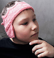 Пов'язка на голову дитяча з вушками "корона" однотонна тепла рожева