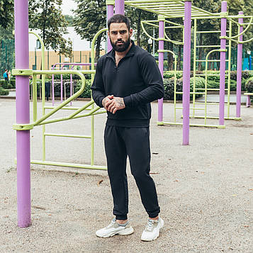 Чорний чоловічий спортивний костюм з бігунком на комірі весна осінь, чорний світшот і спортивні штани розмір S