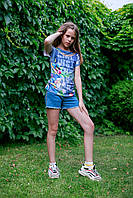 Стильная детская футболка для девочки с джинсовым принтом Artigli Италия A06816 Голубой 152.Топ! .Хит!