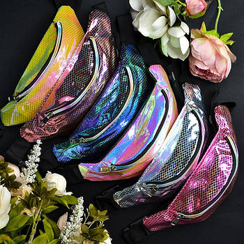 Сумка на пояс бананка яскрава блискуча голограма Соти 11*31 см на блискавці відмінної якості Luna