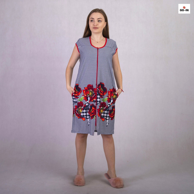 Халат женский трикотажный на молнии летний с карманами синий 46-54р.