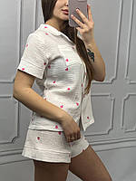 Домашний комплект женская пижама из натуральной ткани муслин в комплект: рубашка, шорты S, Белый с сердечками