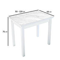 Білий розкладний стіл на кухню з фотодруком Ажур 90-120х60 см зі скляною стільницею на дерев'яних ніжках