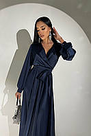 Женское шикарное вечернее синее платье длинное в пол из шелка Армани с длинными рукавами