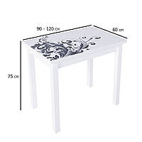 Білий розкладний стіл з фотодруком Ажур 90-120х60 см на дерев'яних ніжках для невеликої кухні