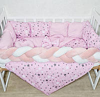 Комплект постільної білизни ТМ Bonna "Elegance" в дитяче ліжечко, бортик косичка +конверт на виписку. Рожевий/зірки