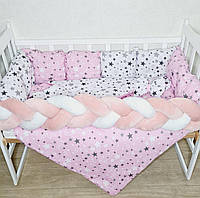 Комплект постільної білизни "Elegance" у дитяче ліжечко, бортик косичка + конверт на виписку. Біло-рожевий