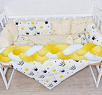Комплект постільної білизни ТМ Bonna "Elegance" в дитяче ліжечко, бортик косичка +конверт на виписку. Жовті корони