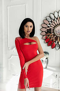Вечірня облягаюча червона сукня міні на одне плече з бахромою