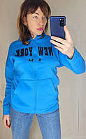 Женский кофта худи голубой New York 3032 с капюшоном карманом на змейке удлинённый тёплый трикотаж на флисе