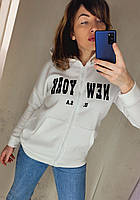 Женский кофта худи белый New York 3032 с капюшоном карманом на змейке удлинённый тёплый трикотаж на флисе