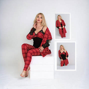 Жіноча червона мереживна піжама з халатом 46-52 (M-Л) 3 предмети 10230, Swel, Туреччина,