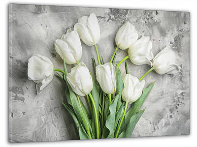 Картина на стіну, картини на полотні, панно на кухню, подарунок на день народження, настінний декор Білі тюльпани 60x100 см