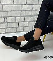 Жіночі натуральні замшеві кросівки чорного кольору, замшеві кросівки з перфорацією