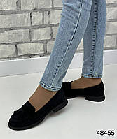 Жіночі натуральні замшеві туфлі, лофери чорного кольору, замшеві жіночі туфлі
