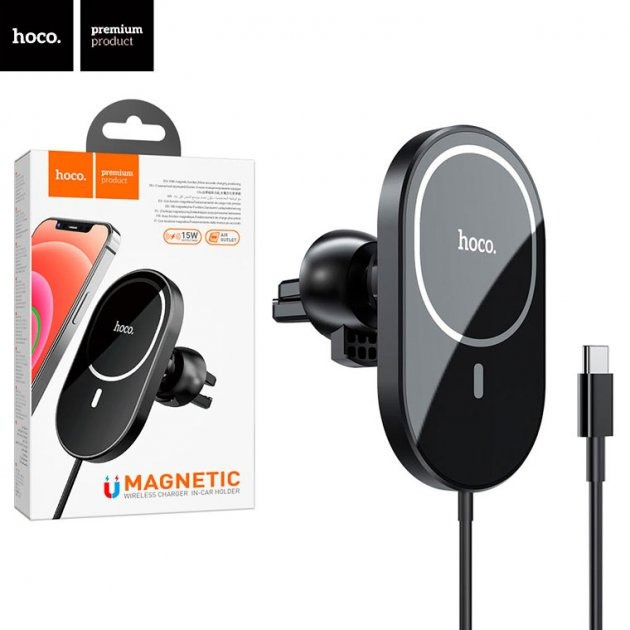 Холдер HOCO CA90 з підтримкою MagSafe 15W Автомобільний магнітний тримач для телефону із зарядкою Чорний