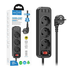 Мережевий фільтр Hoco NS2 (3 розетки + 3xUSB (2.4A)) — 1,8м