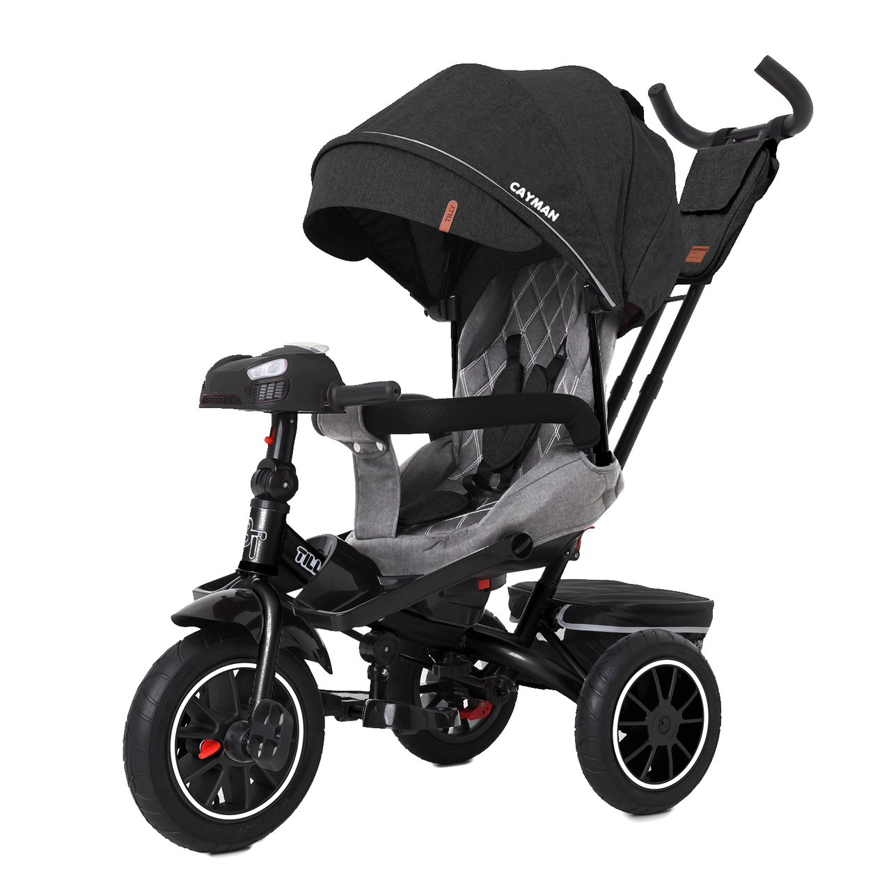 Велосипед триколісний з батьківською ручкою TILLY CAYMAN T-381/7, з пультом, посиленою рамою, темно-сірий льон, фото 1