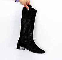 Чоботи жіночі літні вісокі дихаючі з перфорацією стильні чорні екозамша
