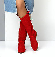 Чоботи жіночі літні вісокі дихаючі з перфорацією стильні червоні екозамша