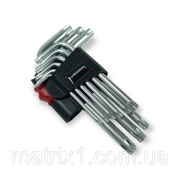 Набір Г-подібних ключів TORX з отвором. 9 од., S2, T10-50, HAISSER 48114, фото 1