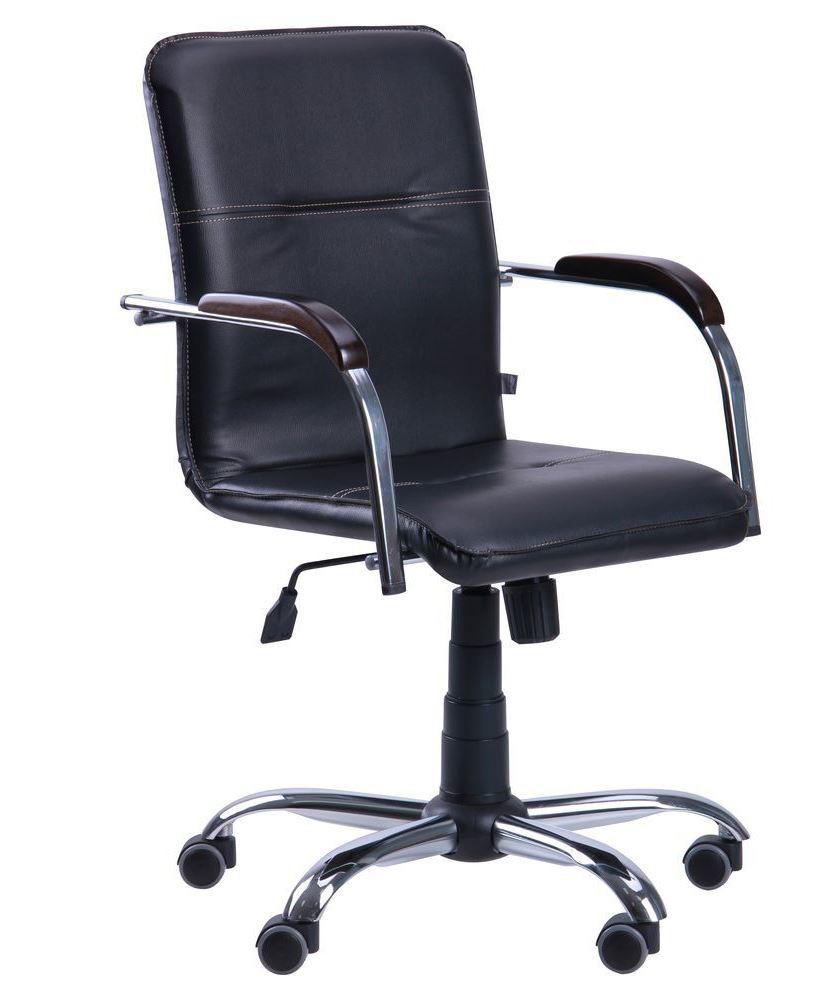 Кресло офисное мягкое с подлокотникам из дерева Самба-RC Хром орех Скаден черный без канта на роликах TM AMF - фото 1 - id-p1815570729