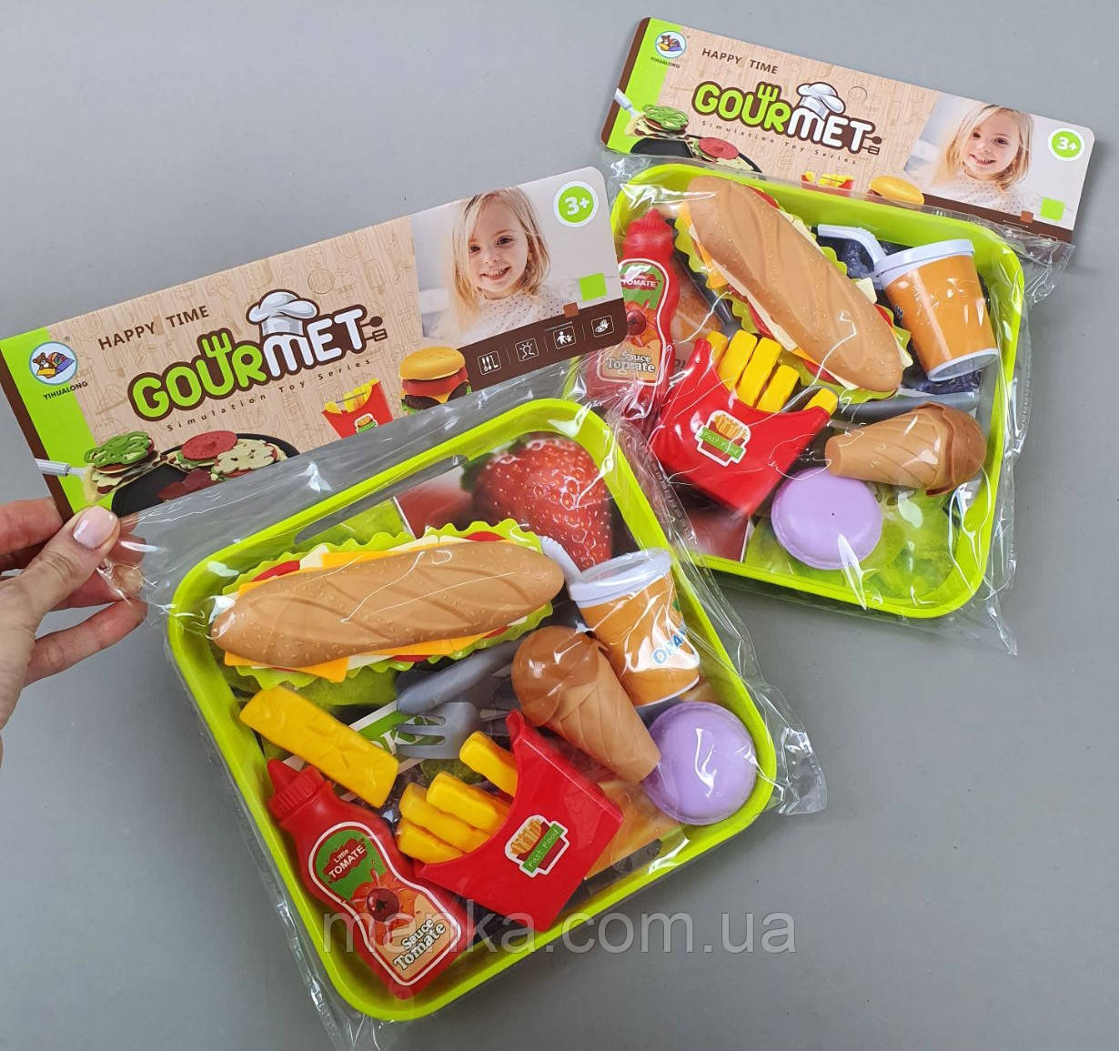Продукти набір ФастФуд арт. 3260-15/16 (144шт/2)2 види, хотдог, кетчуп, картопля, на подносі, пакет 24*30*5 см