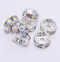 Намистини-розділювачі ронделі срібло зі стразами АВ, 10 мм.