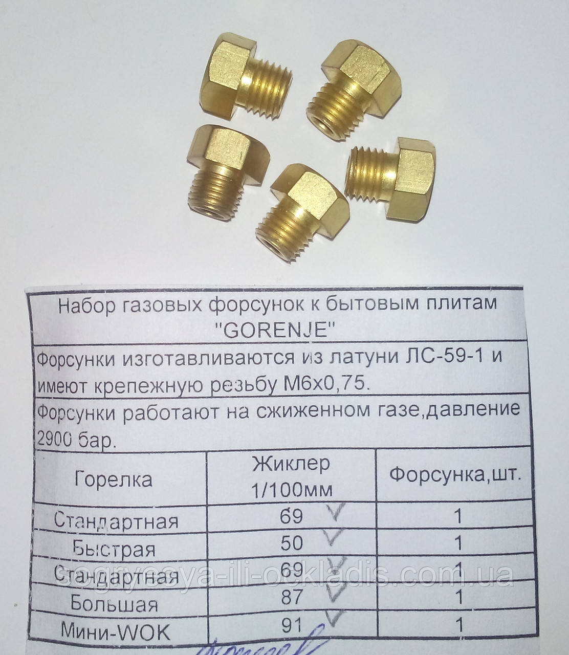 Набір газових форсунок до побутових плит "GORENJE" (зріяний газ) код товару: 7084